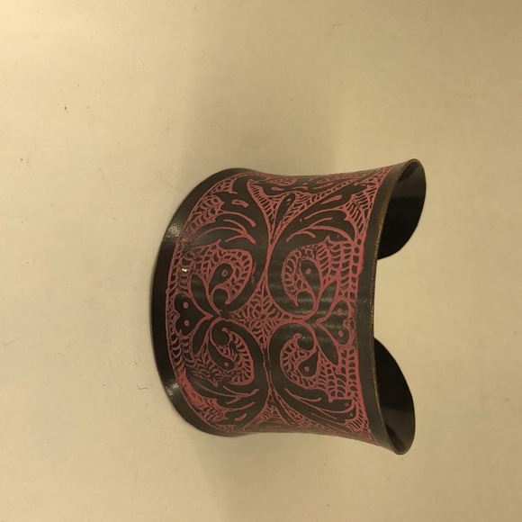 Burnished Brass Embossed Pink Enamel Cuff Bracelet - Picture 3 of 3